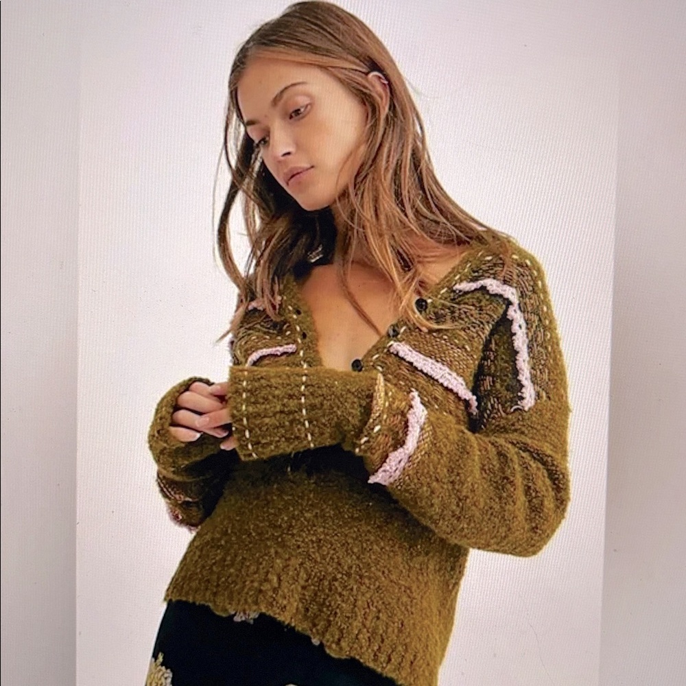 Free People Moss Green Alpaca Henley Sweater Size XSmall
